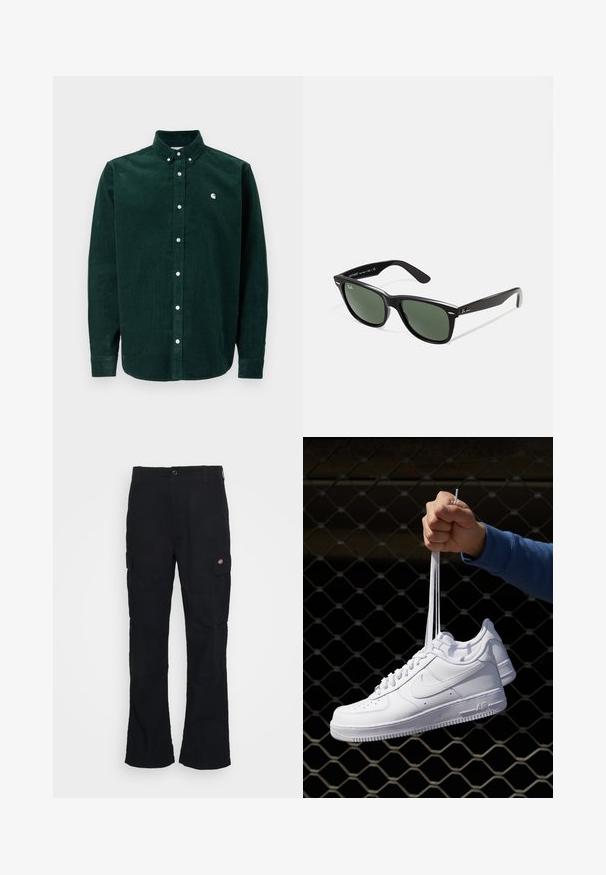 Σκούρο πράσινο καπιτονέ πουκάμισο με κουμπιά, που διαθέτει γιακά, λευκά κουμπιά και μικρό κομμένο λογοτύπο στο αριστερό στήθος. Κανονική γραμμή.; Μαύρο cargo παντελόνι με ίσια γραμμή, φτιαγμένο από ανθεκτικό ύφασμα, διαθέτει πλαϊνές τσέπες και λογότυπο μπατζάκι στην αριστερή πλευρά.; Λευκά δερμάτινα αθλητικά παπούτσια με διάτρητο σχέδιο, στρογγυλή μύτη, επίπεδη σόλα και χοντρές κορδόνες, με εμφάνιση του λογότυπου swoosh και την ένδειξη "AIR" στη φτέρνα.; Μαύρα πλαστικά γυαλιά ηλίου με πράσινους φακούς, τετράγωνα σκελετά, ασημένια λεπτομέρεια στη ράχη και υφασμένες βραχίονες. Δηλωμένη μάρκα στον εσωτερικό βραχίονα.