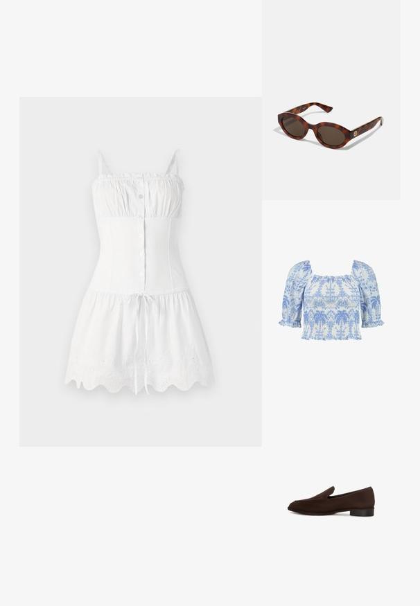 Lyseblå og hvid broderet top med firkantet halsudskæring, korte puffærmer og rynket tekstur med blomster mønstre overalt.; Hvid bomulds kjole med tynde stropper, knapfront, tætsiddende overdel og svajet nederdel. Har broderet bølgende kant og justerbar talje med snøre.; Brun slip-on sko med en glat tekstur, forlænget form, lav blokhæl og minimalistisk design. Ingen synlige mønstre eller udsmykninger.; Skildpaddemønstret solbriller med runde rammer, mørke linser og gulds logo detaljering på stængerne. Glat plastmateriale, ingen synlige mønstre.