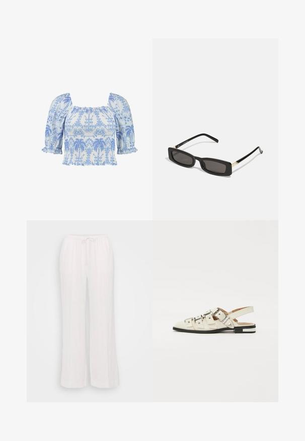 Svetlo modra in bela vezenina s kvadratnim izrezom, kratkimi napihnjenimi rokavi in nabrano teksturo, ki vsebuje cvetlične vzorce skozi celotno površino.; Bele široke hlače iz lahkega materiala, ki imajo elastičen pas z vrvico in vertikalne šive za teksturo.; Sandal v slogu z odprtim peto v beli usnjeni obvali z več širokimi trakovi in srebrnimi zaponkami; ravni podplat z majhno črno peto in kovinskimi detajli.; Črne pravokotne sončne očala s temnimi lečami, sijajnim plastičnim okvirjem in zlatimi poudarki na ušesnih delu. Minimalistična zasnova in eleganten oblik.; Zlate uhane v obliki obročkov z gladko, sijočo površino. Krožna zasnova s majhnim nosilcem in prozornim podplatom za varno nošenje.