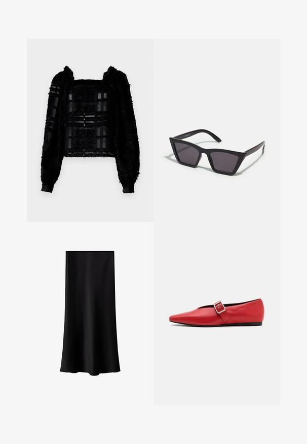 Čierny dlhý rukáv s textúrou, ktorý zahŕňa priehľadné panely a štvorcový výstrih. Tkanina kombinuje jemné a hladké prvky, čím vytvára vizuálny kontrast.; Čierna midi sukňa vyrobená z hladkého, ľahkého materiálu. Má rovný strih, žiadne viditeľné kovanie a jednoduchý dizajn bez vzorov.; Červená kožená balerína s špicatou špičkou, vybavená bočným popruhom s kovovou prackou a nízkym čiernym podpätkom. Hladká textura po celom povrchu.; Čierne, ostré slnečné okuliare so sivými sklami; vyrobené z plastu, majú hrubé ramená s hladkým povrchom a bez viditeľnej mechaniky.; Čierna látková taška s jedným širokým ramenným popruhom. Mäkký, polostruktúrovaný tvar a hladká textúra; minimalistický dizajn bez viditeľného kovania.; Zlaté kruhové náušnice, štyri kusy, hladký povrch, zaoblený dizajn, rôzne veľkosti, s pántovým uzáverom pre jednoduché nosenie.