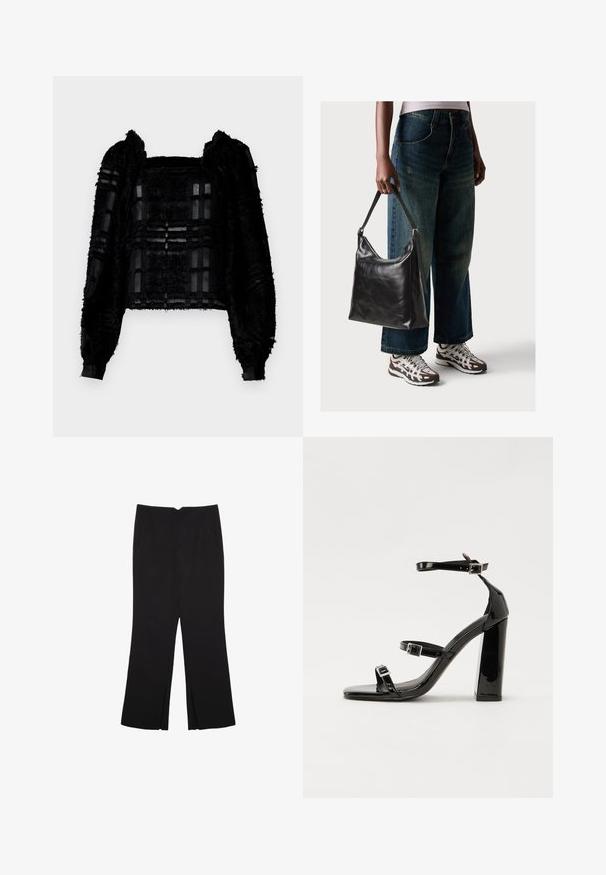Černý texturovaný top s dlouhým rukávem, který má průsvitné panely a čtvercový výstřih. Tkanina kombinuje chlupaté a hladké prvky, což vytváří vizuální kontrast.; Černé kalhoty s rovným střihem, s předními kapsami a bočními rozparky na lemu. Vyrobené z jemné, hladké tkaniny. Vhodné na různé příležitosti.; Černé lakované sandály na podpatku se čtveratou špičkou, lýtkovými pásky a stříbrnými přezkami. Disponují masivním blokovým podpatkem pro stabilitu.; Černá kožená kabelka přes rameno se hladkým povrchem a nastavitelným popruhem, spárovaná s vybledlými džínami širokého střihu a sportovními teniskami.