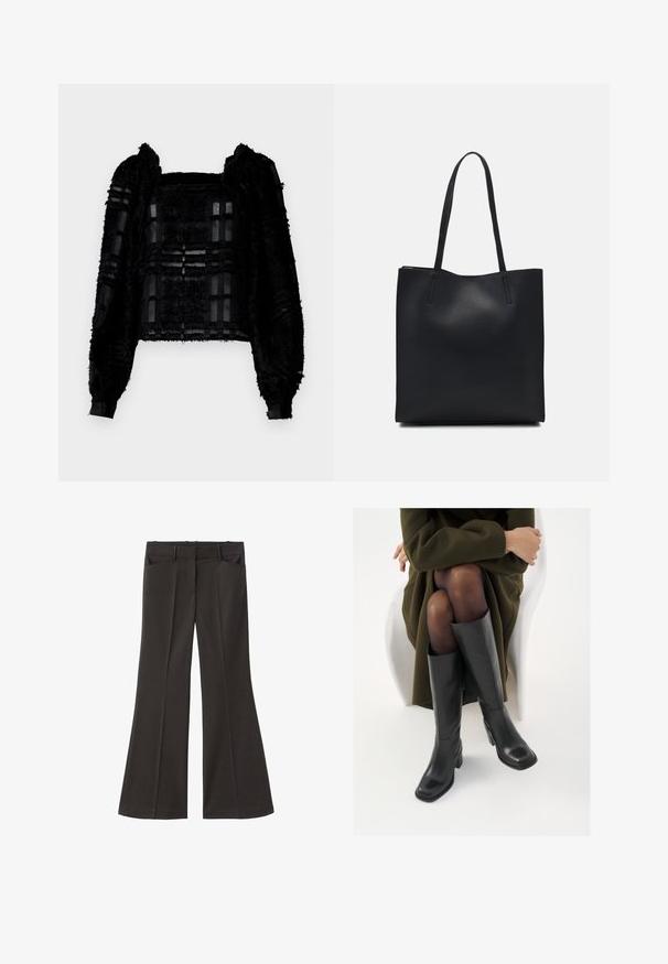 Czarny, strukturalny top z długim rękawem, z przezroczystymi panelami i prostokątnym dekoltem. Tkanina łączy w sobie puszyste i gładkie elementy, tworząc wizualny kontrast.; Czarne spodnie z szerokimi nogawkami i wysokim stanem; posiadają dwie przednie kieszenie oraz gładką teksturę materiału. Idealne na różne okazje.; Kozaki skórzane do kolan w kolorze czarnym, z kwadratowym noskiem i słupkowym obcasem, pokazane na modelce siedzącej w oliwkowej zielonej kurtce. Gładka tekstura, minimalne detale.; Czarna skórzana torba tote o gładkiej fakturze, prostokątnym kształcie i dwóch długich uchwytach. Brak widocznych elementów metalowych i ozdób.