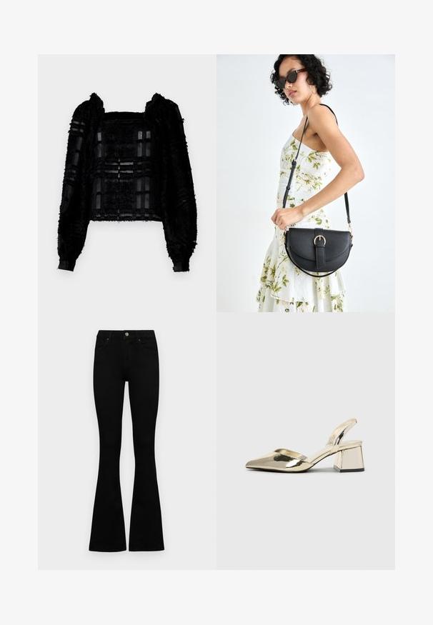 Black textured long-sleeve top featuring sheer panels and a squared neckline. The fabric combines fuzzy and smooth elements, creating visual contrast.; Black high-waist jeans with a button and zip closure, front pockets, and flared legs laid flat on a white background.; Gold, metallic slingback heels with a pointed toe and chunky heel. Smooth texture, minimalistic design, and a narrow strap.; Black leather handbag with a curved shape, detachable strap, and gold hardware. The bag features a flap with a buckle detail.