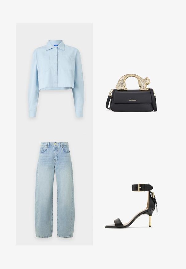 Svetlo modra skrajšana srajca iz mehke bombažne tkanine. Ima pointed ovratnik, sprednje zapiranje na gumbe, dve žepni žepki na prsih in vezenje srca na enem žepu.; Svijetloplavi traper široke hlače s visokim strukom, s blagim izbleđivanjem, pet džepova i zlatnim detaljima. Rub je ravan i nerenoviran.; Črne usnjene sandale s peto in kvadratnim prstom, zanknim trakcem in zlatim zaponko ter ozko kovinsko peto. Gladka tekstura, minimalističen dizajn.; Črna usnjena torbica z zlatim ročajem v obliki mačke, z zgornjim poklopcem, nastavljivim trakom in logotipom na spodnjem sprednjem delu.
