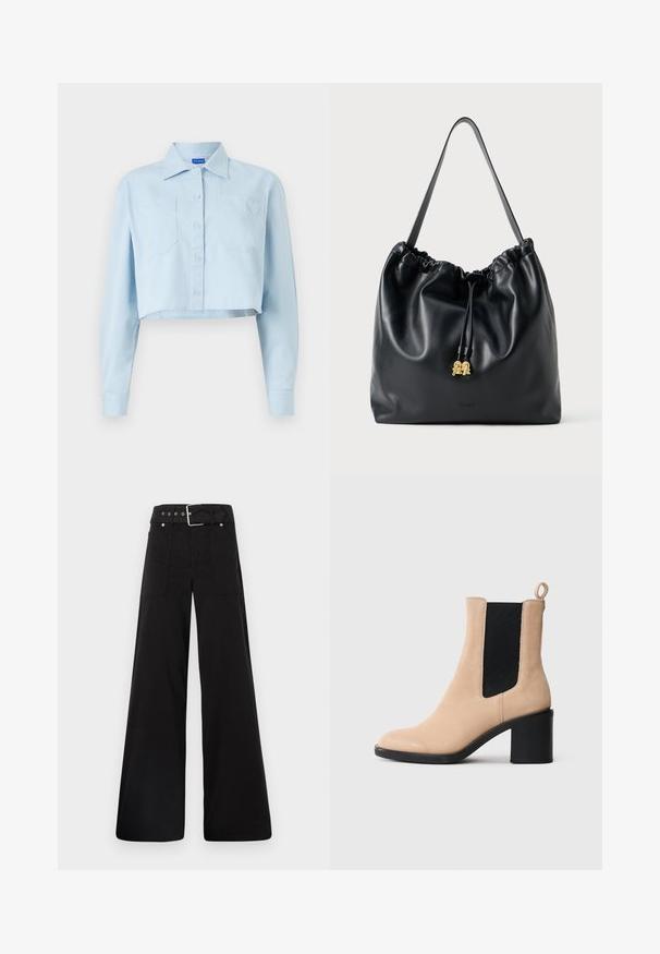 Cămașă scurtă de culoare albastru deschis, confecționată din bumbac moale. Prezintă un guler ascuțit, închidere cu nasturi pe față, două buzunare pe piept și broderie în formă de inimă pe unul dintre buzunare.; Pantaloni negri cu croială largă, confecționați din bumbac, cu talie înaltă, buzunare laterale mari și talie prevăzută cu brâu cu accente din metal argintiu.; Botine bej din suede, cu toc pătrat, având o inserție elastică neagră și un tab de prindere în spate. Textură netedă și design cu vârf rotund.; Rucsac din piele neagră cu un textură netedă, cu un vârf strâns și accente subtile din aur. Dispune de o singură curea rezistentă și un logo embosat.