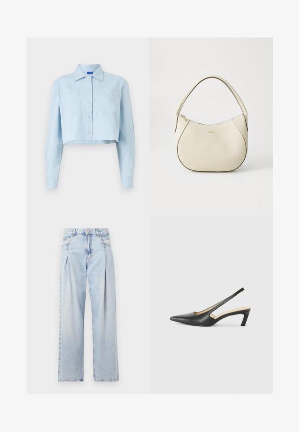 Light blue cropped shirt made of soft cotton. Features a pointed collar, front button closure, two chest pockets, and heart embroidery on one pocket.; Light blue denim jeans with a high waist, wide-leg cut, two side pockets, and pleated design feature. Soft texture with a faded finish.; Black pointy-toed slingback shoe with a low heel, featuring smooth leather material and cut-out design on the side for breathability.; Cream-colored handbag with a textured finish, curved shape, short handle, and gold-tone logo detail. Zipper closure at the top.