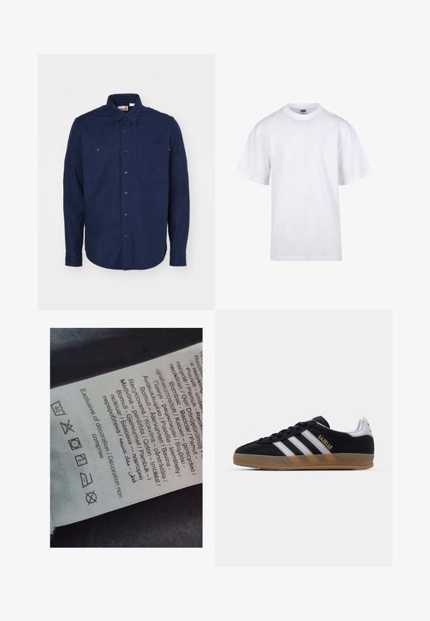 Temno modra srajca z gumbi iz bombaža, s koničnim ovratnikom, dolgimi rokavi, dvema žepoma na prsih in ravnim robom.; Bela bombažna majica s krojem na vratu, kratkimi rokavi in ohlapnim fitom. Ima enostaven dizajn brez vzorcev ali dodatkov.; Oznaka s večjezičnim besedilom, simboli za nego in ikonami za recikliranje, tiskana na mehkem tkaninskem materialu svetle barve.; Črne suede teniske z belimi črtami, svetlo rjavim gumijastim podplatom in zlatim logotipom "Gazelle". Klasična nizka zasnova, ki vključuje teksturirano zgornji del.