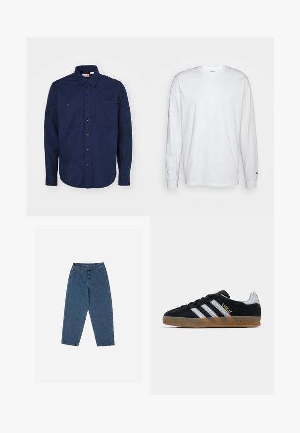 Temno modra srajca z gumbi iz bombaža, s koničnim ovratnikom, dolgimi rokavi, dvema žepoma na prsih in ravnim robom.; Bela dolgimi rokavi majica iz bombaža. Oblika s krožnim izrezom z rebrastimi manšetami in majhnim logotipom na levi rokavu. Gladka tekstura.; Modre traperke z ohlapnim krojem, visokim pasom, petimi žepi in poudarjenim šivanjem. Imajo gumb in zadrgo za zapiranje.; Črne suede teniske z belimi črtami, svetlo rjavim gumijastim podplatom in zlatim logotipom "Gazelle". Klasična nizka zasnova, ki vključuje teksturirano zgornji del.