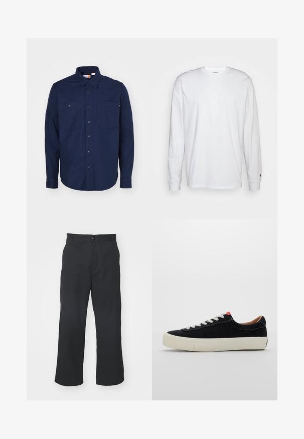 Camicia button-up blu navy in cotone, con colletto a punta, maniche lunghe, due tasche sul petto e orlo dritto.; T-shirt bianca a maniche lunghe realizzata in cotone. Design con collo rotondo, polsini a costine e un piccolo logo sulla manica sinistra. Texture liscia.; Pantaloni neri a gamba dritta realizzati in un tessuto a trama liscia, con chiusura frontale a bottone e tasche standard.; Sneaker in tessuto nero con lacci bianchi, suola in gomma beige e dettaglio rosso sul tallone. Punta arrotondata e minimo dettaglio di cucitura.