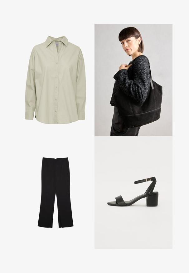 Hellgrünes Hemd mit Knöpfen aus weichem, glattem Stoff. Verfügt über einen klassischen Kragen, lange Ärmel und einen leicht abgerundeten Saum.; Schwarze Hose mit geradem Schnitt, ausgestattet mit Fronttaschen und Seitenschlitzen am Saum. Hergestellt aus weichem, glattem Stoff. Geeignet für verschiedene Anlässe.; Schwarze High Heels Sandalen mit einem glatten Lederoberteil, offener Zehenpartie, breiten Vorderstraps und verstellbarem Knöchelriemen mit einem goldenen Schnallen-Detail.; Schwarze Wildleder-Tote-Tasche mit glatter Textur, strukturiertem Design und kontrastierenden Nähten. Verfügt über lange Träger zum Tragen über der Schulter.