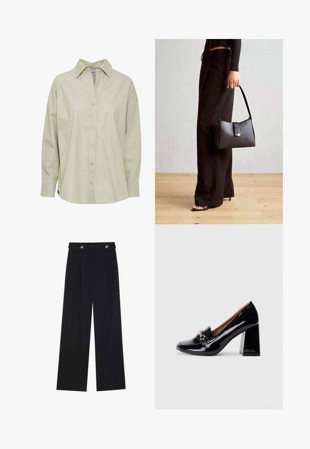 Light green button-up shirt made of soft, smooth fabric. Features a classic collar, long sleeves, and a slightly curved hem.; Black wide-leg trousers with high waist, button details on waistband, and front pleats.; Black patent leather high-heeled shoe with a pointed toe and block heel. Features a decorative strap and buckle detail on the vamp.; Black handbag with structured shape, smooth texture, and a metallic clasp. Paired with wide black pants and open-toe sandals on wooden floor.
