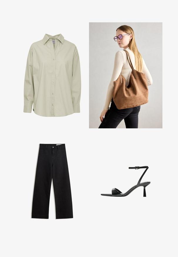 Chemise à boutons vert clair en tissu doux et lisse. Équipée d'un col classique, de manches longues et d'un ourlet légèrement arrondi.; Pantalon en denim noir à jambes larges avec une taille haute, comprenant des poches avant et arrière, des coutures piquées et une fermeture à bouton. Texture lisse.; Bershka Sandales à talons hauts - black; Sac fourre-tout en daim marron avec une texture douce, grande ouverture et longues sangles. Présente un design simple avec des coutures visibles et sans matériel.