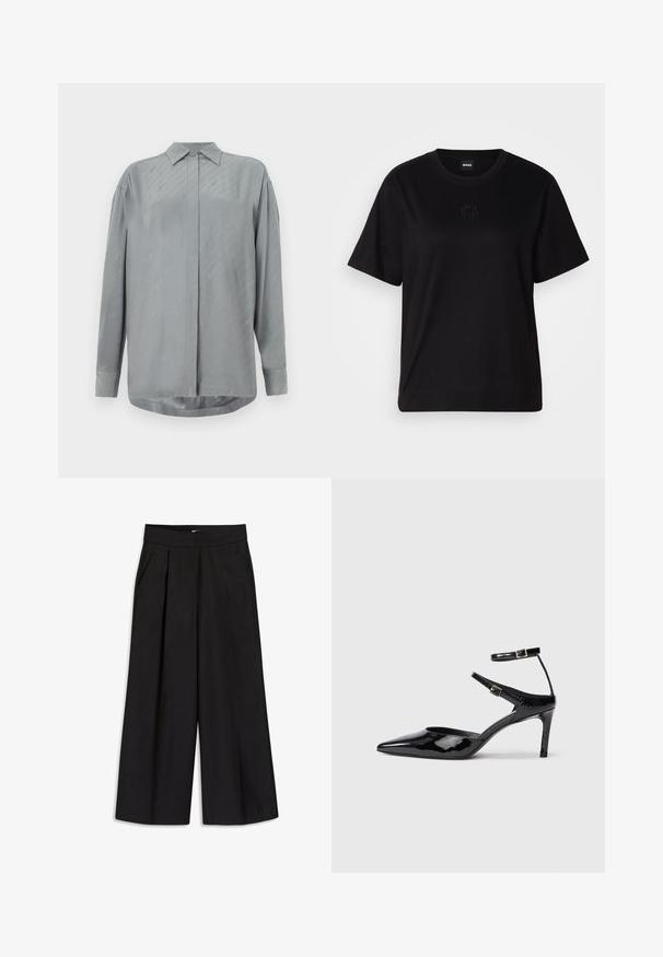 Lysegrå langermet skjorte i glatt stoff med knapp foran og subtile diagonale mønstre. Klassisk krage og rund nederkant.; Svart bomull T-skjorte med rund hals, korte ermer og et brodert logo på brystet. Enkel, avslappet passform uten mønstre.; svarte vide bukser med folder, beltehemper og sidelommer. Glatt stoff med en skreddersydd finish. Ingen synlig maskinvaren eller mønstre.; Sorte lakkede hæle med spids tå, justerbare ankelstropper og en slank hæl. Glat tekstur med en skinnende overflade.