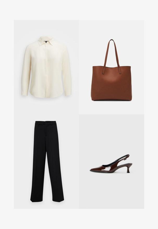 Ilgi piedurkņu krēmkrāsas blūze ar norādītu apkakli, gludu tekstūru, pogu aizdari un taisnu malu. Audums izskatās viegls un nobrīvējams.; Melnas platajās bikses, kas izgatavotas no gludas auduma, ar klasisku jostu un pogu aizdari, kā arī priekšējām kroku detalizācijām.; Brūnas patentētas ādas sprauga kurpes ar norādītu pirkstu un mērenu papēdi. Aprīkotas ar sprādzi, lai nodrošinātu drošu fit. Gluda tekstūra.; Brūna ādas iepirkumu soma ar gludu tekstūru, atvērta augšdaļa un divas plecu siksnas. Izceļas ar minimālām šuvēm un redzamu aparatūru nav.