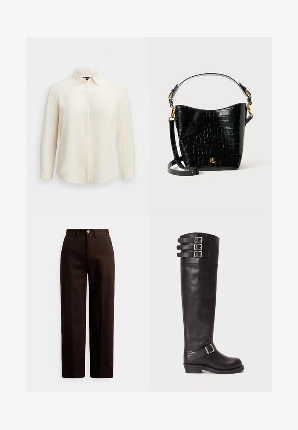Long-sleeve cream blouse with a pointed collar, smooth texture, button closure, and a straight hem. Fabric appears lightweight and polished.; Dark brown straight-leg pants with button and zipper closure, belt loops, and front pockets against a white background.; Black leather knee-high boot with a rounded toe, three strap buckles at the top, and a side buckle detail. Flat sole and smooth texture.; Black croc-embossed leather bag with a curved shape, gold hardware accents, an adjustable strap, and a logo detail at the front.