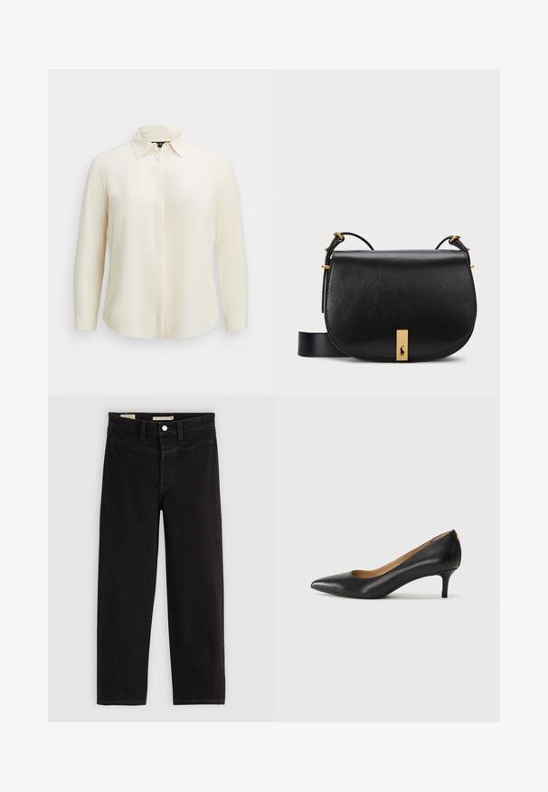 Μακρυμάνικη κρέμα μπλούζα με αιχμηρό γιακά, λεία υφή, κούμπωμα με κουμπιά και ευθεία τελείωση. Το ύφασμα φαίνεται ελαφρύ και καλοφτιαγμένο.; Μαύρα τζιν με ίσια γραμμή, κατασκευασμένα από denim. Διαθέτουν μπροστινές τσέπες, κλείσιμο με κουμπί και αντίθετη ραφή.; Μαύρο δερμάτινο τακούνι με μυτερή μύτη, χαμηλό τακούνι και λεία υφή. Διαθέτει ελαφρύ άνοιγμα στο μπροστινό μέρος και ελάχιστο υλικό στο πίσω μέρος.; Μαύρη δερμάτινη τσάντα crossbody με χρυσό μεταλλικό αξεσουάρ και ρυθμιζόμενο λουρί, που διαθέτει ομαλή υφή και καμπυλωτό σχήμα.; Χρυσά σκουλαρίκια με ρέουσα, καμπυλωτή σχεδίαση. Κάθε σκουλαρίκι διαθέτει λεία επιφάνεια και ένα μικρό κούμπωμα με διακοσμητική λεπτομέρεια.