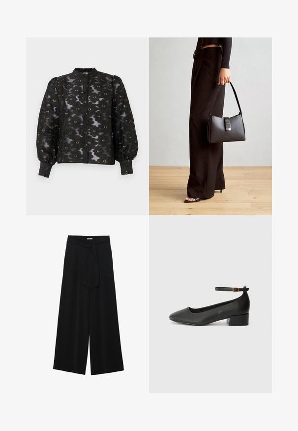 Blusa nera trasparente con motivo in pizzo floreale, dettagli dorati, maniche lunghe a sbuffo, chiusura frontale con bottoni e colletto alto con rifinitura decorativa.; Pantaloni neri a gamba larga caratterizzati da un tessuto testurizzato, una vita elastica e una cintura staccabile per una vestibilità regolabile.; Pump in pelle nera con punta affusolata e tacco basso a blocco. Presenta una cinghia alla caviglia con una fibbia in tonalità oro. Texture liscia.; Borsa nera con forma strutturata, texture liscia e una chiusura metallica. Abbinata a pantaloni neri larghi e sandali open-toe su un pavimento in legno.
