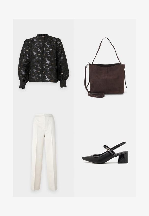 Čierna priesvitná blúzka s kvetinovým čipkovaným vzorom, zlatými akcentmi, dlhými puffovými rukávmi, zapínaním na gombíky a vysokým golierom so dekoratívnym lemovaním.; Krémoé nohavice s prispôsobeným strihom, rovné nohavice, hladká tkanina, predné záhyby a čistý lem. Minimalistický dizajn.; Čierne lakované kožené lodičky so slingback dizajnom, špicatou špičkou, zaobleným výrezom a blokovým podpätkom. Obsahuje akcent zlatého tónu s prackou.; Hnedá semišová taška s mäkkou textúrou, vybavená jedným ramenným popruhom a jemne zakriveným horným otvorom. Bez viditeľných hardvérových detailov.
