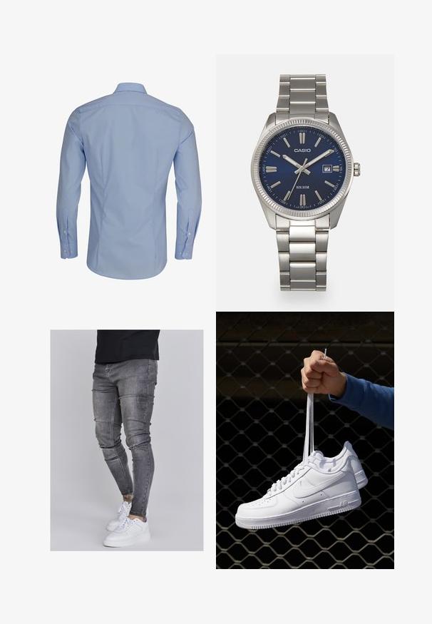 Lichtblauwe overhemd met lange mouwen en een button-down kraag, met een gladde textuur en een getailleerd ontwerp, met witte knoopdetails.; Skinny jeans in vervaagd grijs denim, met versleten details op de knieën, gecombineerd met witte sneakers. Gladde textuur, slank model.; Witte leren sneakers met perforaties, ronde neus, vlakke zool en dikke veters, met een zichtbare swoosh-logo en "AIR" op de hiel.; Zilveren roestvrijstalen horloge met een marineblauwe wijzerplaat, metalen uurmarkeringen en een datumnis op 3 uur. Waterbestendig tot 50 meter.