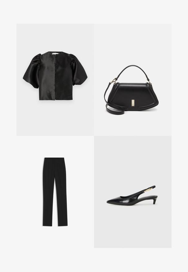 Czarny satynowy top na krótki rękaw z bufkami i z przodu. Gładka tekstura z błyszczącym wykończeniem, minimalistyczny design.; Czarne spodnie o dopasowanym kroju z prostymi nogawkami, z przednimi kieszeniami i gładką, teksturowaną tkaniną. Schludne, minimalistyczne wykończenie.; Czarne skórzane szpilki typu slingback z ostrym noskiem, posiadające smukły obcas i złoty akcent na regulowanym pasku. Gładka tekstura.; Czarna skórzana torebka o strukturalnym designie, z przyciętą formą, górnym uchwytem i złotymi akcentami. W zestawie regulowany pasek na ramię.