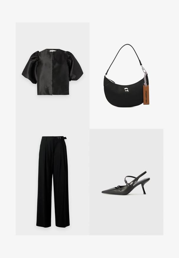 Fekete szatén cropped felső puffos rövid ujjakkal és elöl nyitott kivágással. Sima textúra, fényes felület, minimalista dizájn.; Fekete, bő szárú nadrág magas derékkal, elöl pliszírozva, és csattal ellátott övvel. Simább, könnyű anyagból készült.; Fekete bőrszíjjal ellátott magassarkú cipő, hegyes orral, karcsú sarkával és díszes csattal a vamp részén. Simás textúra és elegáns dizájn.; Fekete bőrtáska, melynek felülete szemcsés, ívelt formájú, felül zippzárral záródik, ezüst színű fémrészletekkel és barna cimkével rendelkezik. Jellemzője a logós díszítés.