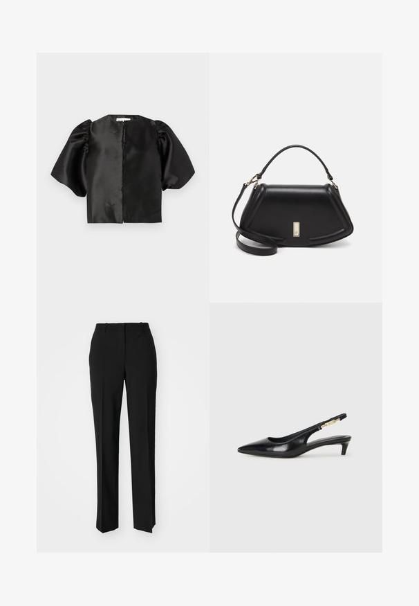 Top corto in satin nero con maniche a palloncino e apertura frontale. Texture liscia con finitura lucida, design minimalista.; Pantaloni neri su misura con un design a gamba dritta, caratterizzati da una texture liscia e pieghe ben definite sul davanti. Senza hardware visibile.; Tacchi slingback in pelle nera con punta affusolata, caratterizzati da un tacco alto e un accento dorato sulla cinghia regolabile. Texture liscia.; Borsa a mano in pelle nera con un design strutturato, caratterizzata da una forma corta, manico superiore e accessori in metallo dorato. Inclusa tracolla regolabile.