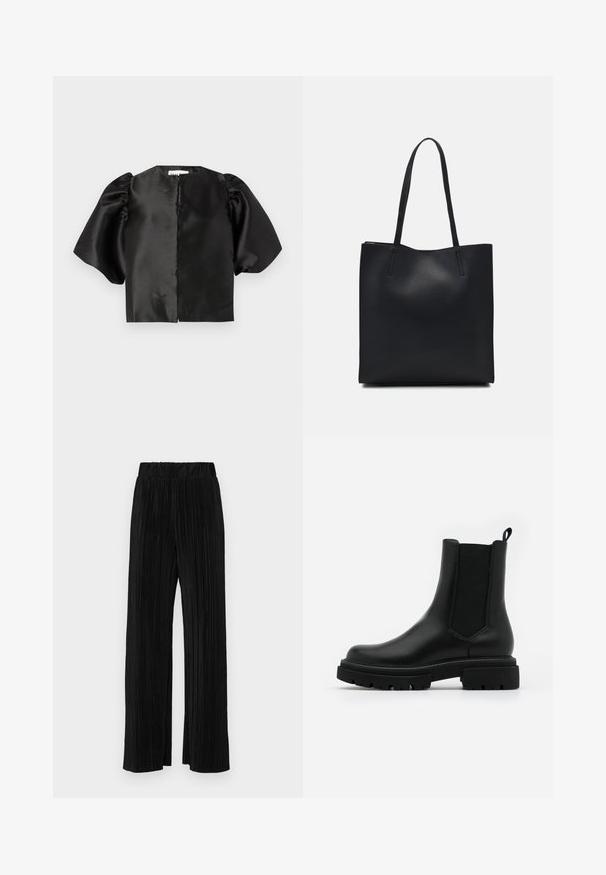 Sort satin cropped top med puffede korte ærmer og åbning foran. Glat tekstur med en blank finish, minimalistisk design.; Sorte plisserede bukser med elastisk talje. Har brede ben og et glat, tekstureret stof med lodrette striber.; Sorte læder Chelsea-støvler har en glat overflade, elastiske sidetillæg, en løftestang og en kraftig gummisål med en tekstureret slidbane.; Sort læder tote taske med glat tekstur, rektangulær form og to lange hanke. Ingen synlig hardware eller udsmykninger.