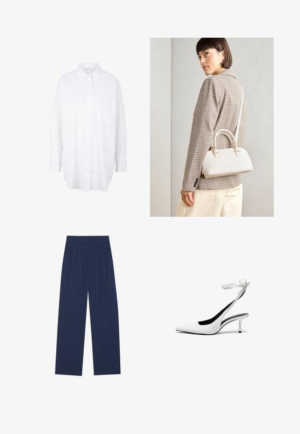 Vit button-up skjorta i bomull med klassisk krage, långa ärmar, en bröstficka och en svängd nederkant för en avslappnad passform.; Mörkblå vida byxor i mjukt tyg, med framdragningar, en slät textur och rak passform utan synliga fickor.; Vita spetsiga slingbackklackar med en smal ankelrem. Slätt lädermaterial, smal stilettklack och en svart inre foder.; Vitt strukturerat handväska med korta handtag och en axelrem, med gyllene detaljer och texturerat material, visad mot en grå bakgrund.