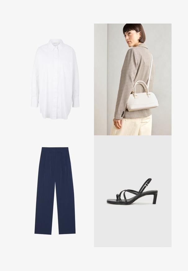 Balta krekla ar pogām izgatavots no kokvilnas, ar klasisku apkakli, garām piedurknēm, krūšu kabatu un noapaļotu apakšmalu, nodrošinot brīvu piegriezumu.; Tumši zili platleņķa bikses, kas izgatavotas no mīksta auduma, ar priekšējo krokām, gludu tekstūru un taisnu piegriezumu bez redzamām kabatām.; Melnas strappy sandales ar kvadrātveida purngaliem un zemu bloku papēdi. Ievērojamas ar vairākiem plāniem siksniņām un regulējamu potītes siksniņu. Izgatavotas no gludas ādas.; Balta strukturēta roku soma ar īsām rokturiem un plecu siksnu, ar zelta aparatūras akcentiem un strukturētu materiālu, izstādīta uz pelēka fona.