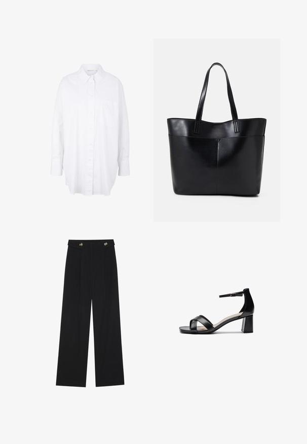 Bijela košulja na dugih rukava od pamuka, s klasičnom kragnom, džepom na prsima i zaobljenim donjim rubom za opušteni kroj.; Crne hlače širokih nogavica s visokim strukom, s dugmadi na pojasu i prednjim nabora.; Crne sandale s otvorenim prstima i potpeticama, s ukriženim trakama, podesivom narukvicom oko gležnja i masivnom potpeticom, izrađene od glatke kože.; Crna kožna torba s dugim ručkama, glatkom teksturom i strukturiranim oblikom. Ima prednju džep za dodatno pohranu.