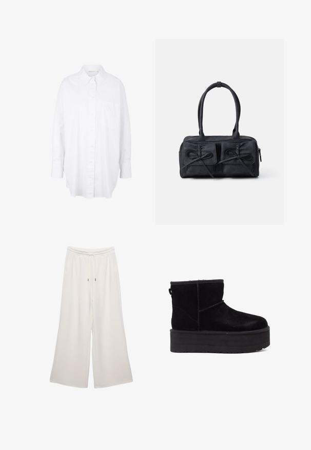 Biała koszula zapinana na guziki z bawełny, z klasycznym kołnierzykiem, długimi rękawami, kieszonką na piersi i zaokrąglonym dołem dla luźniejszego kroju.; Kremowe spodnie w szerokim kroju wykonane z miękkiego materiału, z elastycznym paskiem w talii, sznurkiem oraz bocznymi kieszeniami. Gładka faktura.; Czarne zamszowe botki za kostkę z grubą platformą i miękką podszewką. Wykończone akcentami przeszycia oraz z tylną pętelką ułatwiającą zakładanie.; Czarna torba z materiału z dwoma przednimi kieszeniami z detalami w kształcie kokardek, podwójnymi uchwytami i zapięciem na zamek. Miękka struktura i prostokątny kształt.
