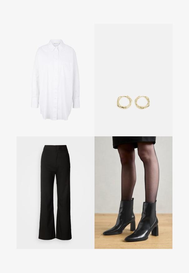 Weißes Hemd aus Baumwolle mit klassischem Kragen, langen Ärmeln, Brusttasche und abgerundetem Saum für eine lässige Passform.; Schwarze weit geschnittene Hosen mit glatter Textur, hoher Taille und klarem Design. Keine sichtbaren Taschen oder Verzierungen.; Schwarze Leder-Ankle-Boots mit spitzer Zehenform, klobigem quadratischem Absatz und schlankem Design. Verfügt über elastische seitliche Einsätze für leichtes An- und Ausziehen.; Goldene Creolen mit einer strukturierten, unregelmäßigen Form. Sie verfügen über einen nahtlosen Verschluss und eine polierte Oberflächenbehandlung, die ein modernes Design betont.