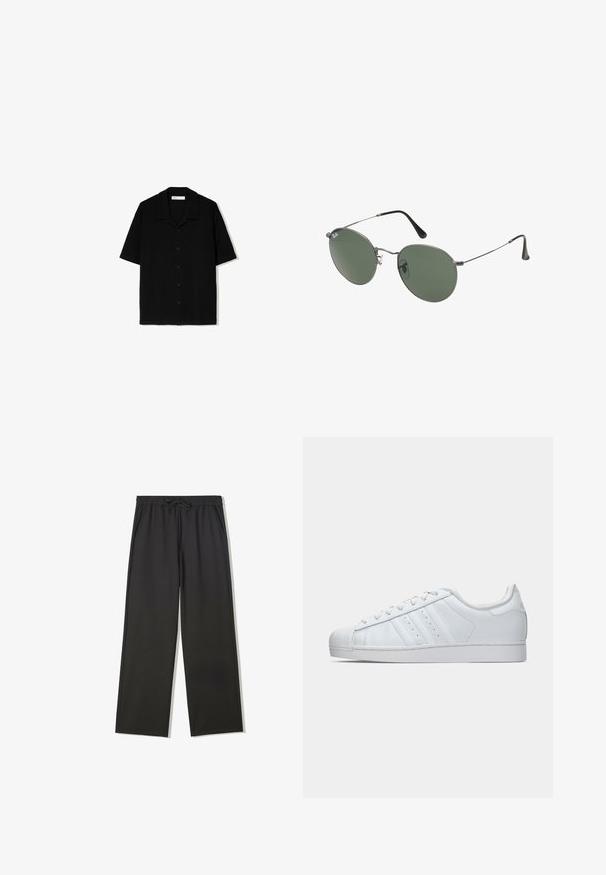 Črna kratkosleeve srajca s stofom iz teksturirane tkanine. Ima kamp ovratnik in ravno spodnji del, z petimi sprednjimi gumbi.; Črne hlače z elastiko v pasu, vrvico za zategovanje in stranskimi žepi, z lahkotnim krojem in ravnimi nogami.; Bela usnjena trenerka z teksturiranim gumijastim pokrovom prstov, tremi stranskimi črtami in oblazinjeno ovratnikom. Ravne bele vezalke in minimalistična zasnova.; Sončna očala z ovalnimi zelenimi lečami v kovinskem okvirju. Tanjši srebrni kovinski okvir in črne ušesne konice. Minimalistična zasnova, brez vidnih logotipov.