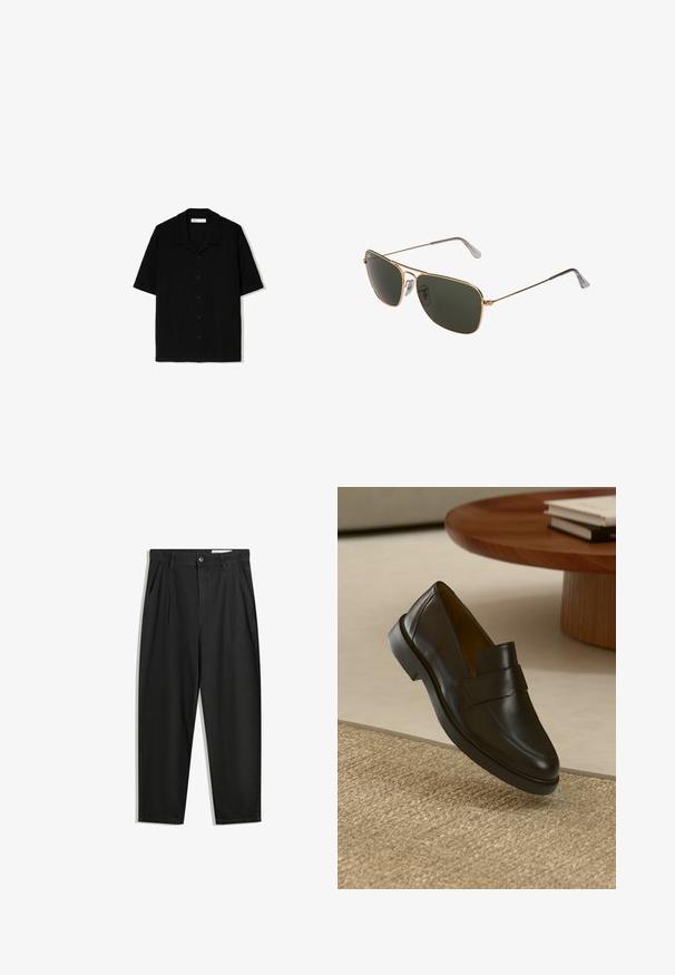 Črna kratkosleeve srajca s stofom iz teksturirane tkanine. Ima kamp ovratnik in ravno spodnji del, z petimi sprednjimi gumbi.; Črne bombažne hlače s sproščenim krojem, ki vključujejo klasičen pas, sprednje gube in stranske žepke. Gladka tekstura brez vzorcev.; Črni usnjeni loafer z gladko površino, zaobljenim nosom in dekorativnim pasom čez zgornji del. Nizek gumijasti pet, umeščen na teksturirano površino.; Zlate metalne avijacijske sunčane naočare s velikim tamnozelenim lećama, s tankim okvirom i prozirnim nosem jastučićima za udobnost.