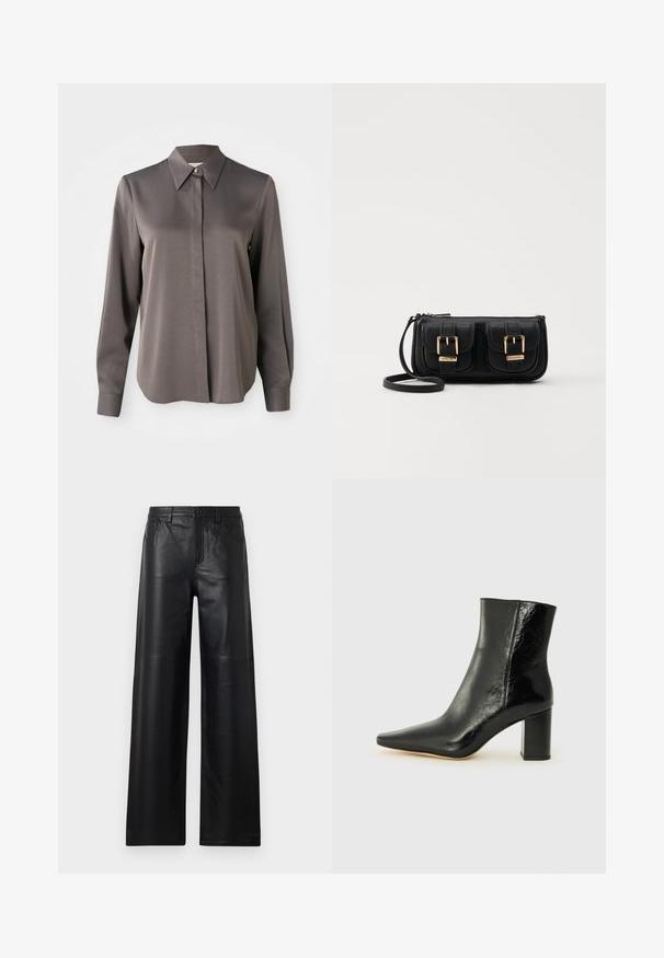 Langärmlige graue Bluse mit einer glatten, satinähnlichen Textur, einem spitzen Kragen und einer Knopfleiste auf der Vorderseite.; Weite schwarze Lederhosen mit glatter Textur, ausgestattet mit Fronttaschen, einem Knopfverschluss und dezenten Steppnähten.; Schwarze Knöchelstiefelette aus glänzendem Leder mit spitzem Zeh und klobigem, quadratischem Absatz. Verfügt über eine glatte Textur und ein minimalistisches Design.; Schwarze Leder-Umhängetasche mit zwei vorderen Taschen, goldenen Schnallen, Reißverschluss und einem schmalen Tragegurt. Texturierte Oberfläche und kompakte rechteckige Form.