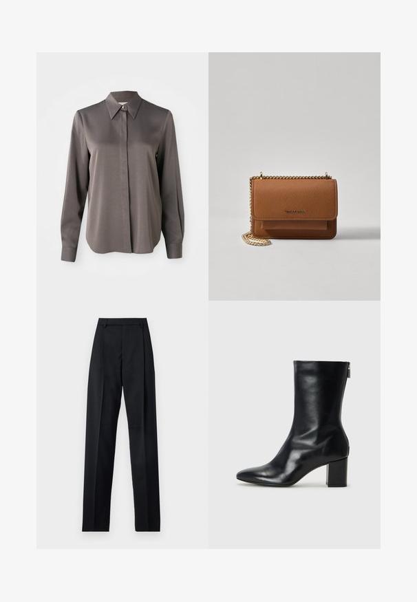 Ilgas rankovės pilkas palaidinės su sklandžiu, satino tipo paviršiumi, smailiu apykakle ir priekiu užsegimu mygtukais.; Juodos kelnės iš lygaus audinio, pasižyminčios aukštu liemeniu, plačiomis kojomis, priekinėmis klostėmis ir klasikiais diržo kilpomis. Šoninių kišenių nematyti.; Juodų odinių kulkšninių botų su smailiu nosiu ir 4 cm pločio bloku. Išskirtinis dizainas pasižymi šoniniu užtrauktuku, leidžiančiu lengvai apsiauti. Lygi tekstūra.; Ruda tekstūruota odinė per petį nešama rankinė su auksiniu grandininiu dirželiu ir užlenkiamo užsegimo. Priekinėje pusėje yra logotipo detalė ir kišenė po užlenkimu.