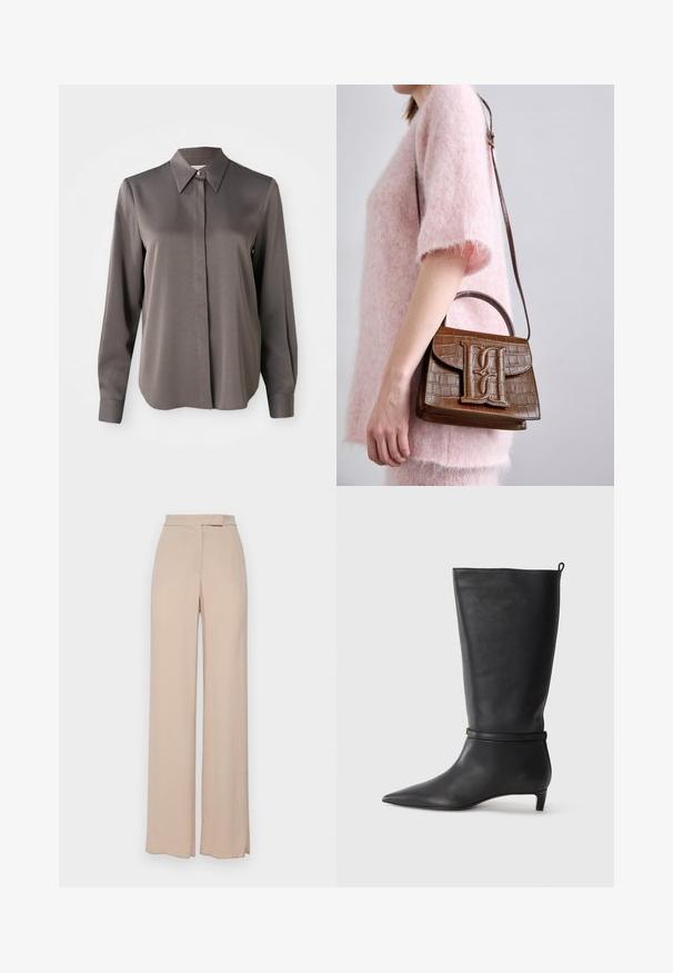 Grijze blouse met lange mouwen, voorzien van een zachte, satijnachtige textuur, een puntige kraag en een front-sluiting met knopen.; Beige wijde broek gemaakt van een lichtgewicht stof. Kenmerkt zich door een soepele textuur, zijzakken en een subtiele tailleband.; Zwarte leren kniehoog laars met een spitse neus, accentueert door een ronde band rond de enkel en een lage, taps toelopende hak. Glad textuur.; Bruine handtas met krokodillenembossing, met een bovenste handvat en schouderriem. Kenmerkt zich door een opvallend logo op de voorflap. Zachte textuur.