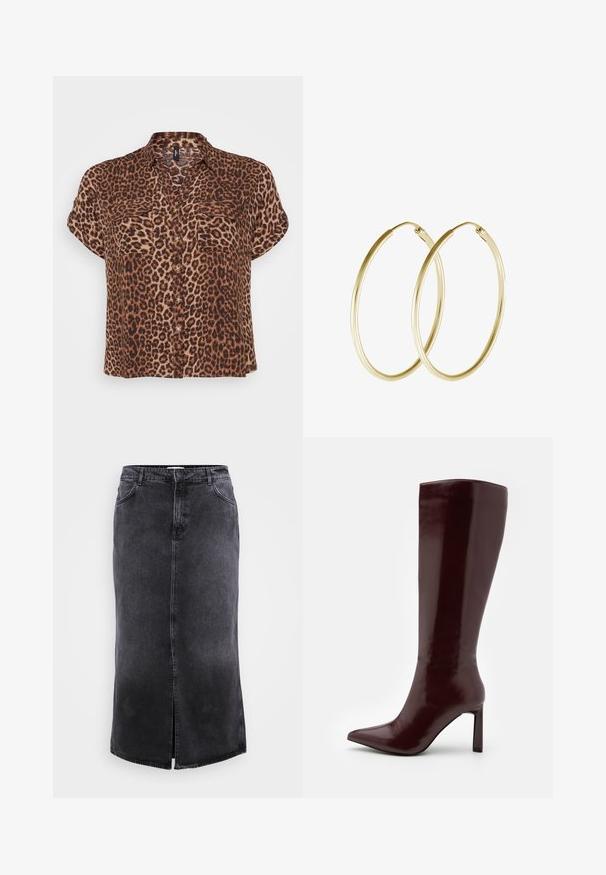 Leopardenmuster Bluse mit kurzen Ärmeln in Braun und Beige, ausgestattet mit zwei Brusttaschen, einer Knopfleiste und einem lockeren Schnitt.; ONLY Carmakoma CARCILLA LONG SLIT SKIRT - Maxirock - washed black; Even&Odd Stiefel - dark red; Goldene Creolen mit einem glatten, abgerundeten Design und einem glänzenden Finish. Leichte Bauweise mit einem sicheren Verschluss.
