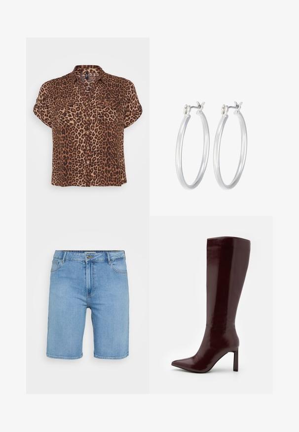 Blouse à manches courtes imprimée léopard en marron et tan, avec deux poches poitrine, un devant à boutons et une coupe décontractée.; Shorts en denim bleu clair avec une coupe classique, dotés d'une fermeture à bouton à l'avant, de passants de ceinture et de deux poches latérales. Texture lisse et ourlet droit.; Even&Odd Bottes - dark red; Boucles d'oreilles en argent avec une finition lisse et polie. Forme ronde et fermeture à clip sécurisée. Design léger adapté pour un port quotidien.