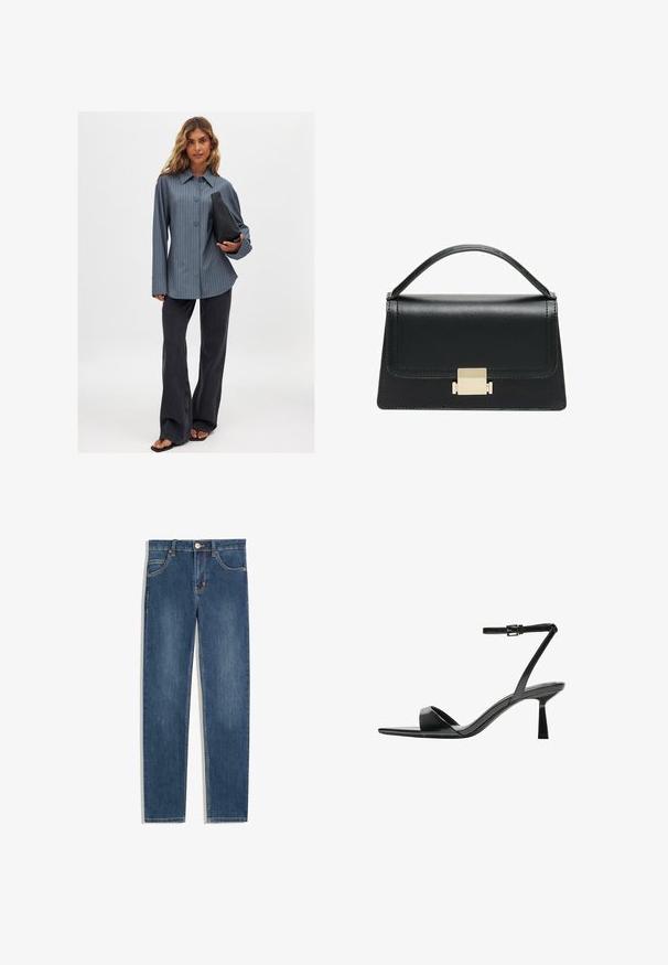 Chemise à rayures bleu, associée à un jean noir évasé et un sac à main noir. Tissu doux et manches larges, coupe décontractée.; Jeans en denim bleu foncé avec une coupe droite, cinq poches, un subtil détail de couture et un bouton en métal à la taille.; Bershka Sandales à talons hauts - black; Sac à main en cuir noir au design structuré, avec une poignée supérieure et un détail de fermoir en métal doré à l'avant. Texture lisse, couture minimale.