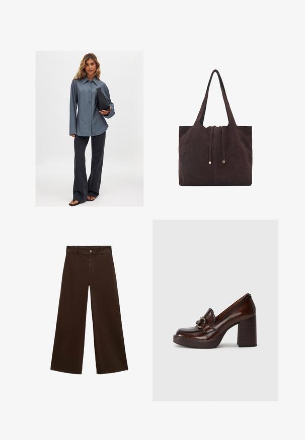 Striped button-up shirt in blue, paired with black flared jeans and a black handbag. Smooth fabric and wide sleeves, casual fit.; Brown wide-leg trousers in cotton blend, featuring a frayed hem, front button closure, and classic five-pocket design. Minimalistic and versatile.; Brown leather heeled loafers with a smooth texture, a rounded toe, and a decorative chain buckle on the vamp. Block heel design.; Mango Tote bag - dark brown