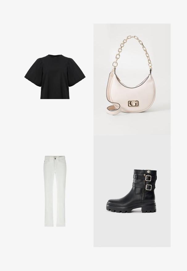 AllSaints JESS TEE - Blúz - black; Fehér, slim fit farmernadrág, 5 zsebes dizájnnal és kontrasztos varrásokkal. Gombbal záródik, és diszkrét márkajelzés található a derékszíjban.; Fekete bőr bokacsizma dupla csat díszítéssel, cipzáras záródással, vastag talppal és sima textúrával. Jellemzője a robusztus, divatos kialakítás.; Rózsaszín, textúrált bőr kézitáska arany lánc pánttal, kerek formájú, az elején arany logó kiegészítővel. További vállpánttal rendelkezik.