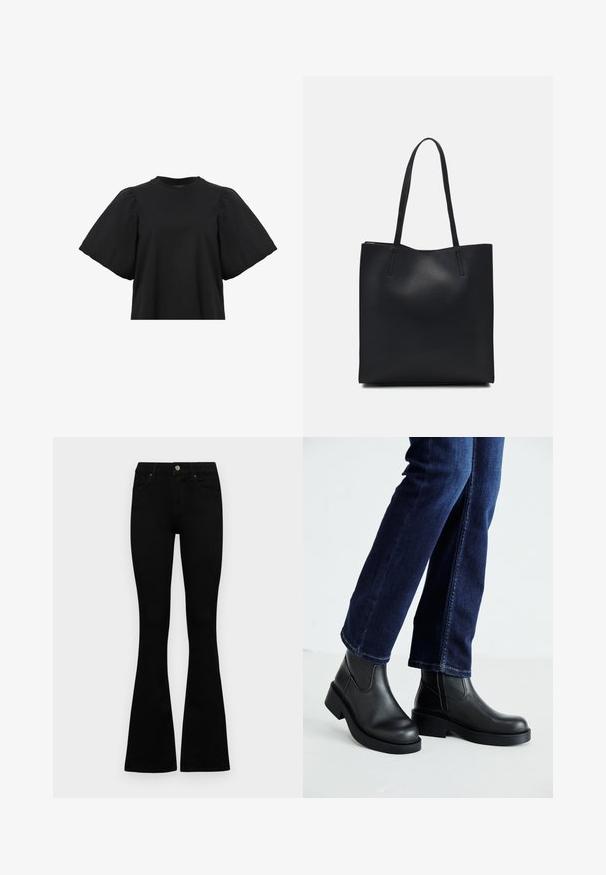 AllSaints JESS TEE - Blusa - black; Jeans pretos de cintura alta com fecho de botão e zíper, bolsos frontais e pernas largas dispostos em cima de um fundo branco.; Botas de tornozelo de couro preto com sola grossa e painéis elásticos laterais, combinadas com jeans azul escuro. O chão é de cor clara.; Bolsa tote preta em couro com textura lisa, forma retangular e duas alças longas. Sem hardware ou enfeites visíveis.