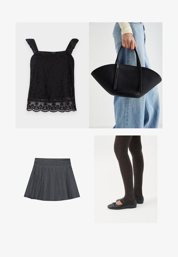 Top negru din dantelă, cu bretele late, model floral, tiv ondulat și țesătură texturată. Prezintă detalii intricate la marginea de jos.; Fustă tip skater gri cu dungi subțiri, cu un talie ajustată, formă în evazat tip A și textură de țesătură moale. Liniile verticale sporesc interesul vizual.; Pantofi negri cu un detaliu mic de fundiță la vârf, asortați cu colanți maro închis, cu textură ondulată. Pantofii au o textură netedă și un profil joase.; Geantă de piele neagră cu o formă unică de evantai, având mânere plate. Suprafața are o textură cu mici granule și un design minimalist.