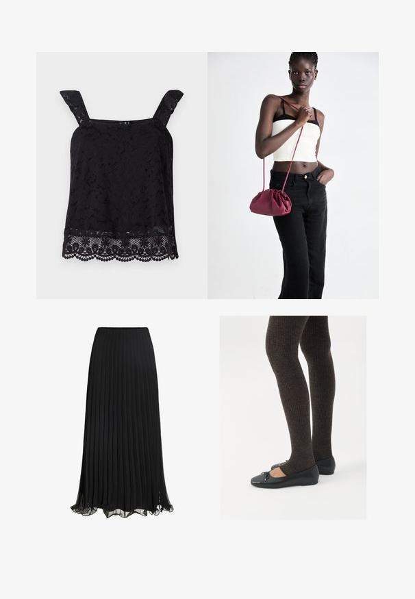 Schwarzes Spitzentop mit breiten Trägern, floralen Muster, gewelltem Saum und strukturiertem Stoff. Verfügt über aufwendige Details am unteren Rand.; Schwarze, plissierte Maxiröcke aus leichtem Stoff mit fließendem Design. Mit einem Rüschensaum und einem elastischen Taillenbund für mehr Komfort.; Schwarze flache Schuhe mit einem kleinen Schleifendetail an der Zehe, kombiniert mit dunkelbraunen gerippten Strumpfhosen. Die Schuhe haben eine glatte Textur und ein niedriges Profil.; Burgunderfarbene Handtasche aus weichem Stoff mit gerafftem Design und langem Trageriemen, quer über den Körper getragen. Das Modell trägt ein weißes Crop-Top und schwarze Jeans.