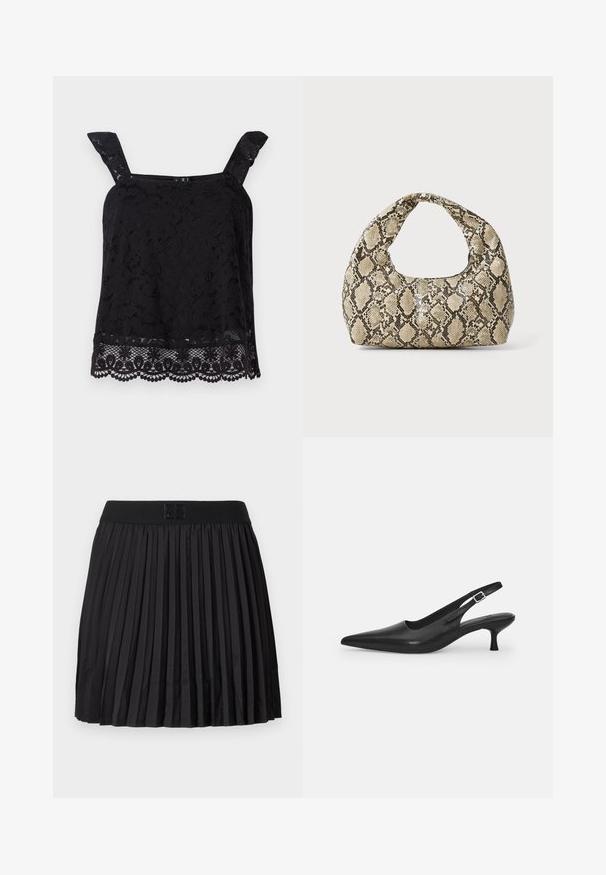 Must mustriline top, laiad rihmadega, lillemustriga, laineline serv ja tekstureeritud kangas. Omab keerukat detaili alumises ääres.; Must mustriga seelik, millel on sile tekstuur, musta värvi elastne vöökoht ja esiküljel reljeefne logo detail.; Mustmustast musta nahast slingback king, millel on terav varvas ja kitsas, kumer konts. Omab diskreetset reguleeritavat rihma metallist pandlaga.; Musta käärmeprindiga kott kõveraga käepidemega. Valmistatud tekstiilsetest, beežidest ja pruunidest materjalidest, millel on iseloomulik rombikujuline muster.