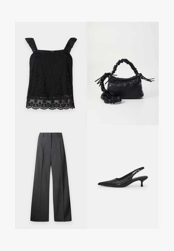 Melnas mežģīņu blūze ar platām lencēm, ziedu rakstu, viļņotu apakšmali un teksturētu audumu. Iekļauj sarežģītu dekorāciju apakšējā malā.; Platās kājas bikses tumši pelēkā audumā, ar augstu jostasvietu, ar vienu uzpūstu vīli un gludu tekstūru ar tīru apdari ap malām.; Melnas ādas slīdošās kurpes ar norādītu pirkstu un šauru, izliekta papēdi. Ar diskrētu regulējamu siksniņu ar metāla sprādzi.; Melnā mākslīgās ādas rokassoma ar krokodila rakstu, savilkta augšdaļa un saburzīta siksna. Izskatās mīksta un kompakta pēc dizaina.