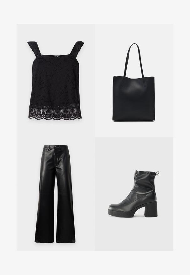 Schwarzes Spitzentop mit breiten Trägern, floralen Muster, gewelltem Saum und strukturiertem Stoff. Verfügt über aufwendige Details am unteren Rand.; Schwarze leichte, weit geschnittene, hochtaillierte Kunstlederhose mit vorderem Knopf, Reißverschluss, Gürtelschlaufen und Seitentaschen auf weißem Hintergrund.; Schwarze Stiefeletten aus glattem Leder mit seitlichem Reißverschluss, klobigem strukturiertem Absatz und runder Zehenform.; Schwarze Laptoptasche aus Leder mit glatter Textur, rechteckiger Form und zwei langen Griffen. Keine sichtbaren Beschläge oder Verzierungen.