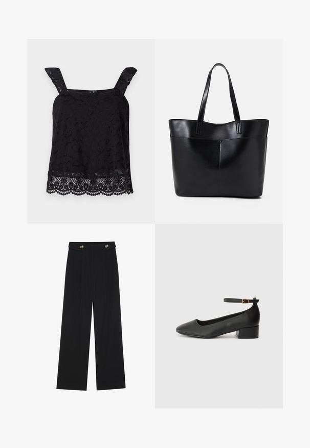 Czarna koronkowa bluzka z szerokimi ramiączkami, kwiatowy wzór, falbaniasty dół i teksturowana tkanina. Ma skomplikowane detale na dolnej krawędzi.; Czarne szerokie spodnie z wysokim stanem, z detalami w postaci guzików na pasku oraz plisami z przodu.; Czarne skórzane szpilki z ostrym noskiem i niskim słupkowym obcasem. Wyposażone w pasek na kostkę z złotym zapięciem. Gładka tekstura.; Czarna skórzana torba na ramię z dwoma długimi uchwytami, gładką teksturą i sztywną formą. Posiada przednią kieszeń dla dodatkowego przechowywania.