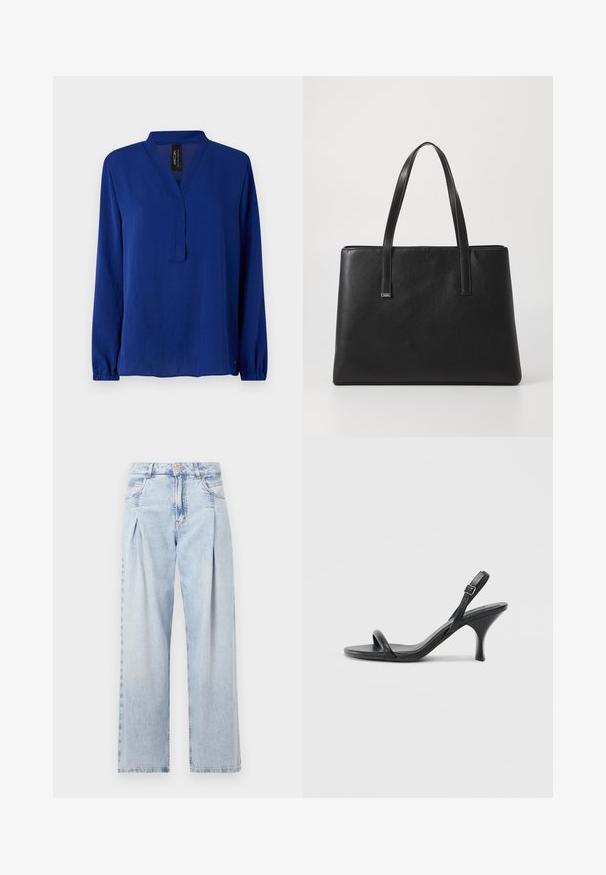 Marc Cain Blouse - royal blue; Light blue denim jeans with a high waist, wide-leg cut, two side pockets, and pleated design feature. Soft texture with a faded finish.; Black leather high-heeled sandals with a slim, curved heel and a crossed strap design. Adjustable ankle strap. Smooth texture.; Black leather tote bag with two long handles, rectangular shape, textured surface, and minimalistic design. No visible hardware or accents.